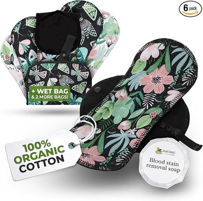 Organic Cotton Reusable Menstrual Pads for Light Flow (6 Pack S+M) - Leak Proof & Odor Free Cloth Pads for Women & Teens - High Temp Washable, Breathable, Soft & Skin-Safe for All Day Period Comfort