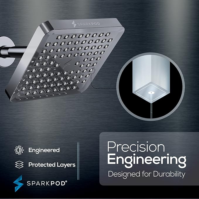 SparkPod Shower Head - High Pressure Rain - Premium Quality Luxury Design - Easy Clean Adjustable Replacement for Your Bathroom Shower Heads (Charcoal Grey, 6 Inch Square)
