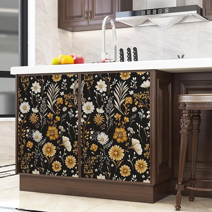 Laatse Vintage Floral Wallpaper Peel and Stick Black Leaf 17.5" x 118" Contact Paper Botanical Flower Self Adhesive Vinyl Waterproof Removable for Kitchen Bathroom Shelves Cabinet Drawer Table Decor