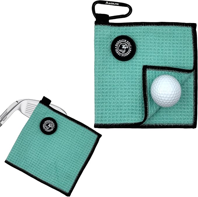 Small Magnetic Golf Towel with Clip, Microfiber Waffle Design - Industrial Strength Magnet for Glof Balls, Golf Bags, Carts Clubs - Green