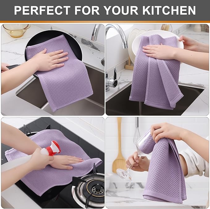 Kitinjoy 100% Cotton Waffle Weave Kitchen Hand Towels (13 X 28 Inches, Lavender), 12-Pack Super Soft and Absorbent Dish Towel for Drying Dishes