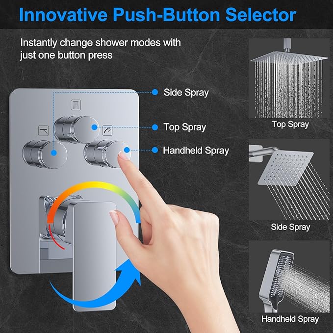 Shower Faucet Set,Chrome Polished Push Button Shower System with Rain Shower and Handheld,Chrome Shower Faucet with Valve Ceiling Mount 12 Inch Shower Head and 6 Inch Shower Head with Handheld