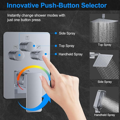 Shower Faucet Set,Chrome Polished Push Button Shower System with Rain Shower and Handheld,Chrome Shower Faucet with Valve Ceiling Mount 12 Inch Shower Head and 6 Inch Shower Head with Handheld