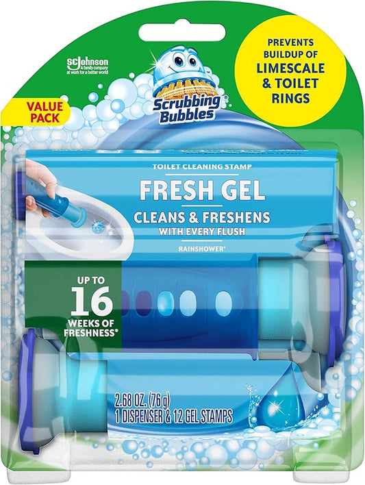 Scrubbing Bubbles Fresh Gel Toilet Cleaning Stamp, Rainshower, Dispenser with 12 Gel Stamps, 2.68 oz
