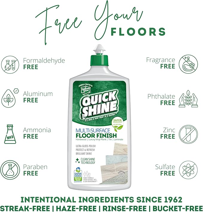 Quick Shine Multi Surface Floor Finish 27oz, 6Pk | Cleaner & Polish to use on Hardwood, Laminate, Luxury Vinyl Plank LVT, Tile & Stone | Safer Choice w/Clean Shine Technology | Shine-Protect-Refresh