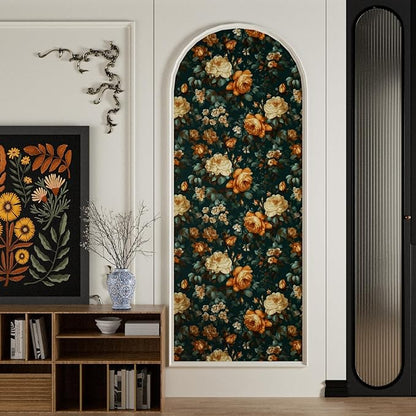 Fvlow Glowing Floral Peel and Stick Wallpaper Vintage Dark Green Wallpaper Vinyl Wrap Kitchen Worktop Covering Self Adhesive Thick Flowers Contact Paper for Cabinets Drawers Sticker Decor 17.4" x 394"