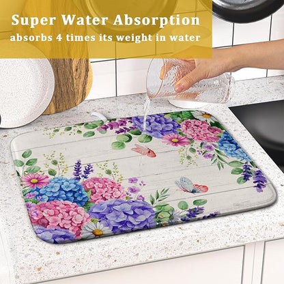 Hydrangea Floral Dish Drying Mat 16x18 inch Spring Summer Decorative Fast Dry Dishes Draining Mats Absorbent Microfiber Drainer Rack Pad