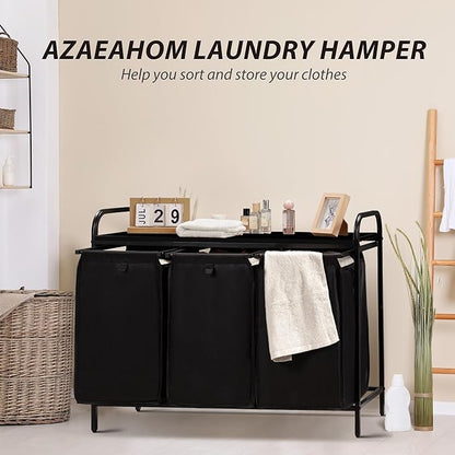 3 Section Laundry Hamper with Shelf, Laundry Basket Organizer with 3 Pull-Out Removable Bags 3×12.3Gal(46.6L), Laundry Sorter for Clothes Organization in Bedroom, Laundry Room, Black