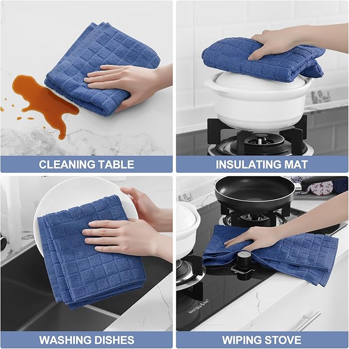Homaxy Premium Cotton Kitchen Towels 16"x 28", Large Natural Ring Spun 390 GSM Dish Towels, Super Absorbent Terry Kitchen Hand Towels, Soft Tea Towels with Hanging Loop, Pure Navy Blue Design, 8 Pack