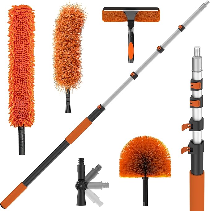 26FT High Reach Duster Kits with 5-20FT Extension Pole, Cobweb Duster with Telescoping Pole, Washable Ceiling Fan Cleaner & Window Squeegee for Glass Surfaces & High Roof