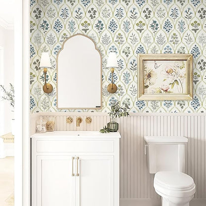 Dimoon 78.7"x17.3" Peel and Stick Wallpaper Contact Paper Floral Modern Removable Wallpaper Beige Wall Paper Self Adhesive Boho Contactpaper for Cabinets Drawers Blue Vintage Bedroom Thicken Vinyl