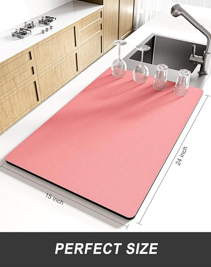Rnivvi Dish Drying Mat for Kitchen Counter, XL 15 x 24" Super Absorbent Drainer Pad Easy Clean Dish Rack Pad, Non-Slip Heat Resistant Coffee Bar Mats for Coffee Machine Station Accessories, Rose Pink
