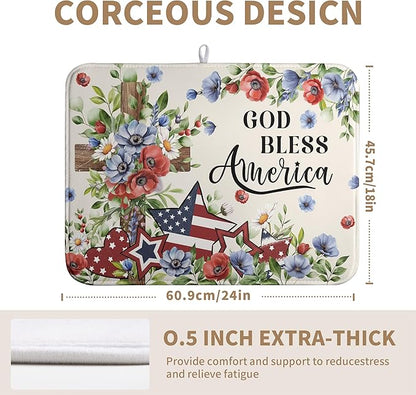 4th of July Drying Mat for Kitchen Counter Patriotic Floral Cross Stars Dish Drying Pad Independence Day Absorbent Microfiber Washable Dish Draining Mat Extra Large 18"x24"