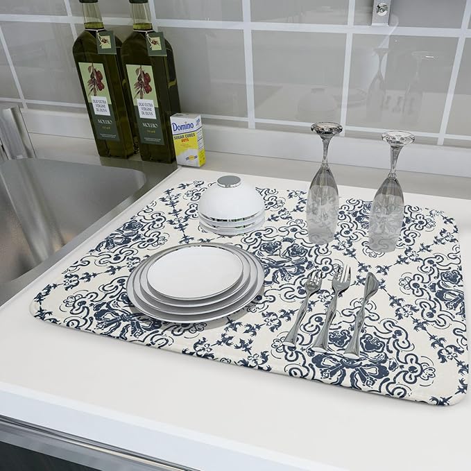 Bohemian Grey Retro Dish Drying Mat for Kitchen Counter,Boho Abstract Flower Art Drying Mat 18 x 24 Inch Microfiber Dish Drying Pad Dish Rack Pad Drainer Mat for Coffee Bar