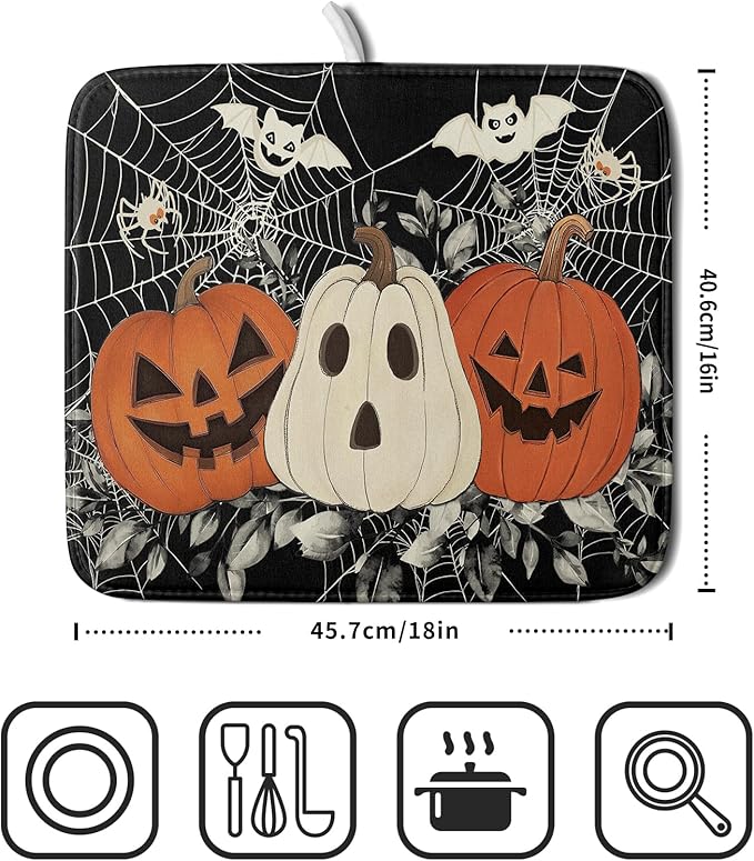 Halloween Pumpkin Dish Drying Mat for Kitchen Counter 16x18 Cream Bat Spiderweb Holiday Scary Theme Absorbent Reversible Microfiber Drying Mats Kitchen Countertop Protector Dishes Drainer Pad