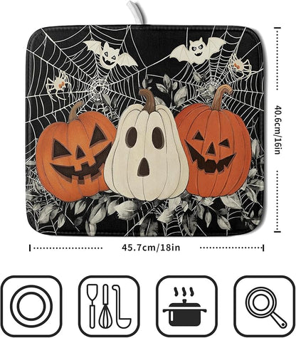 Halloween Pumpkin Dish Drying Mat for Kitchen Counter 16x18 Cream Bat Spiderweb Holiday Scary Theme Absorbent Reversible Microfiber Drying Mats Kitchen Countertop Protector Dishes Drainer Pad