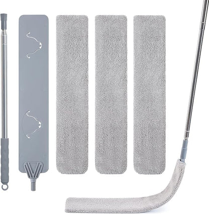 Skinny Duster with Extension Pole for Under Furniture, Under Appliance Cleaning Tool with 3 Microfiber Dusting Cloths, Retractable Flat Duster for Under Refrigerator, Tight Spaces, Gap