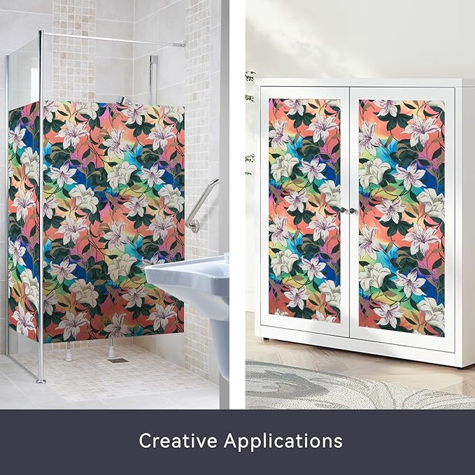 DKTIE Stained Glass Window Film Floral Vintage Style, Frosted Glass Effect Two-Way Privacy Window Film, Heat Insulation UV Protection Softening Light (S646, 17.7in X 78.7in)