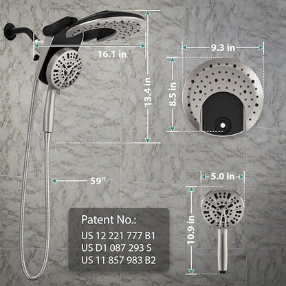 Rain Shower Head with Handheld: Foldable High Pressure Shower Heads with Handheld Spray Combo, 9 Spray Settings/Modes Hand Held Showerhead Dual Rainfall Shower Head Built-in Magnetic Docking and Jets