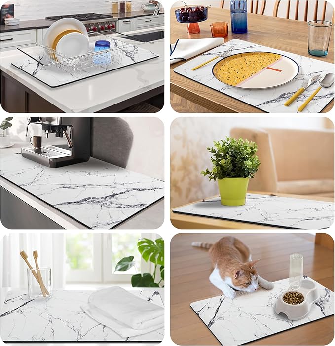 CooRug Marble Pattern Dish Drying Mat, Absorbent Coffee Bar Mat for Kitchen Counter, Non-slip Pad with Rubber Backed, Washable and Easy to Clean 16" x 24" Dark Marble