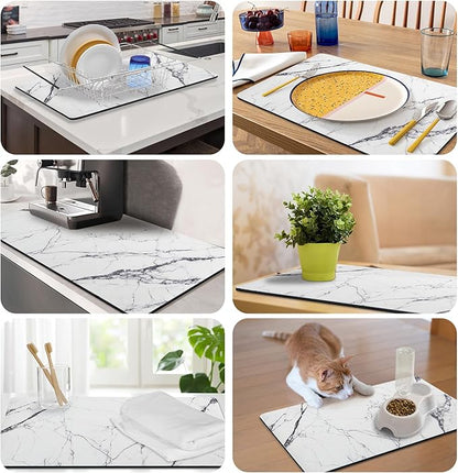 CooRug Marble Pattern Dish Drying Mat, Absorbent Coffee Bar Mat for Kitchen Counter, Non-slip Pad with Rubber Backed, Washable and Easy to Clean 12" x 20" Dark Marble