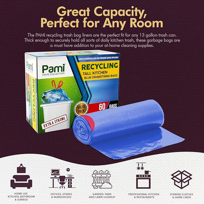 PAMI Recycling Tall Kitchen Drawstring Trash Bags- Extra-Strong Plastic Garbage Bags- Thick Trash Can Liners For Kitchen & Outdoor Bins- 2ft x2ft Unscented Trash Bags (13 Gallon – 60 Count – Blue)