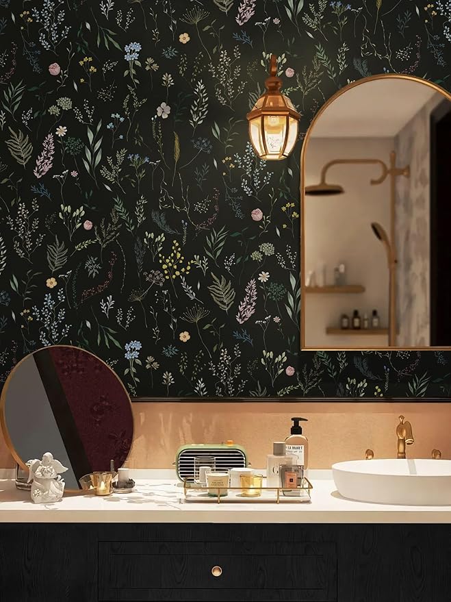 Dimoon 78.7"x16.1" Floral Peel and Stick Wallpaper Black Contact Paper Thicken Wallpaper Delicate Flower Waterproof Green Leaf White Self Adhesive Removable Wall Paper Shelf Liner Decal Vinyl Roll