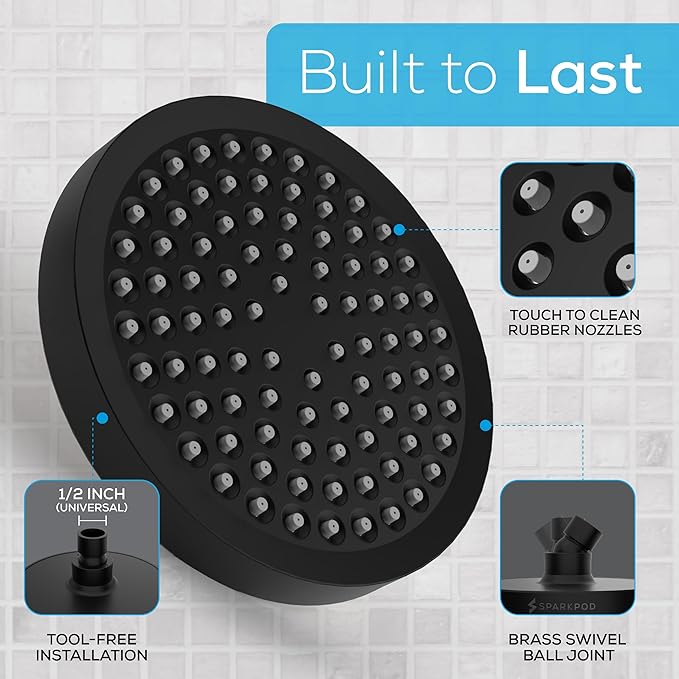 SparkPod Shower Head - High Pressure Rain - Premium Quality Luxury Design - Easy Clean Adjustable Replacement for Your Bathroom Shower Heads (Midnight Black Matte, 6 Inch Round)