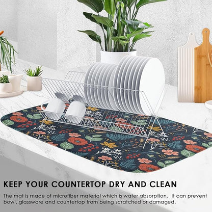 Sanwarm Absorbent Dish Drying Mat, All Lace Colorful Flowers Ornaments Microfiber Pad for Kitchen Counter, Coffee Bar Decor, Heat Resistant and Reversible, 16" x 18"