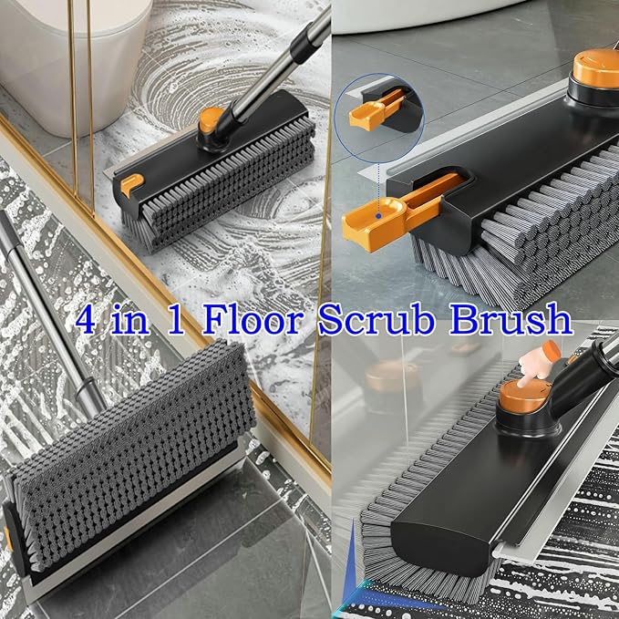 4 in 1 Floor Scrub Brush with Squeegee Long Handle Grout Brush 52'' 2026 Upgraded Multi-Functional Stiff Bristle Cleaning Scrub Brush Rotating Tile Brush for Cleaning Bathroom Patio, Pool, Garage