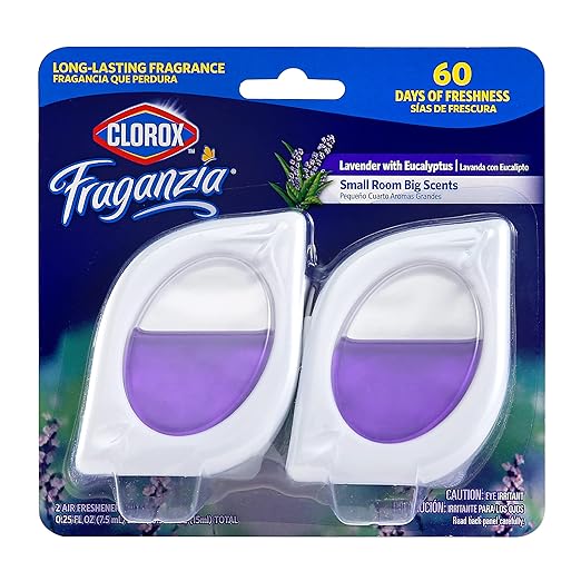 Clorox Fraganzia Small Rooms Air Freshener, Lavender with Eucalyptus - Peel & Place Air Freshener, No-Plug, Battery-Free for Closets, Laundry Room, Entry Way, Bathroom, 0.25 Fl Oz Each, 2 Count