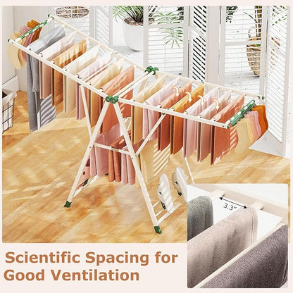 Giantex Clothes Drying Rack, Foldable Metal Laundry Drying Rack with Height Adjustable Wings, 16 Drying Rails, Sock Clips & Shoe Racks, Freestanding Clothing Stand for Indoor & Outdoor, Beige