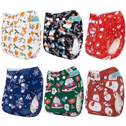 ALVABABY Christmas Baby Cloth Diaper 6 Pack with 12 Inserts One Size Cloth Diaper Covers Adjustable Washable Reusable for Baby Girls and Boys