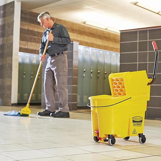 Rubbermaid Commercial Products WaveBrake 35 QT Side-Press Mop Bucket and Wringer Combo on Wheels Red for Heavy-Duty Floor Cleaning