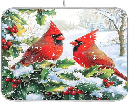 Red Cardinals Holly Bush Christmas Dish Drying Mat for Kitchen Counter Absorbent Microfiber Drying Pad, Medium 16x18 in