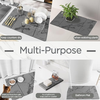 2PCS Stone Drying Mat for Kitchen Counter, Dark Gray with Black Veins Large Stone Dish Drying Mat - Diatomite Earth Water Absorbing Drying Stone for Kitchen Counter Mat, Quick Dry Stone Mat Kitchen