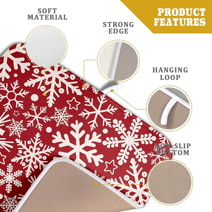 Christmas Dish Drying Mat for Kitchen Counter 16x18 Dark Red Snowflake Winter Xmas Holiday Absorbent Reversible Microfiber Drying Mats Kitchen Countertop Protector Dishes Drainer Pad