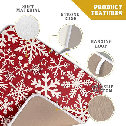 Christmas Dish Drying Mat for Kitchen Counter 16x18 Dark Red Snowflake Winter Xmas Holiday Absorbent Reversible Microfiber Drying Mats Kitchen Countertop Protector Dishes Drainer Pad