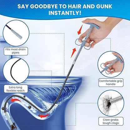 Drain Snake, 79 Inch Drain Clog Remover Tool with pair of Reusable Gloves – Flexible Grabber Claw Hair Drain Cleaner for Sink, Shower, Tub, Toilet, Bathroom & Kitchen Pipes