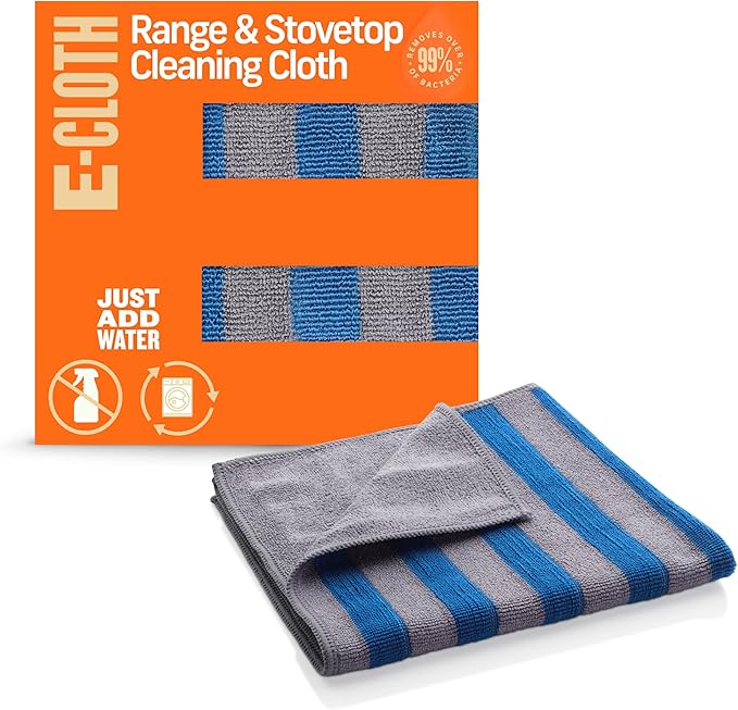E-Cloth Range & Stovetop Cleaning Cloth, Reusable Premium Microfiber Cleaning Cloth, Ideal Oven & Glass Stove Top Cleaner, 100 Wash Guarantee, Blue & Gray, 1 Pack