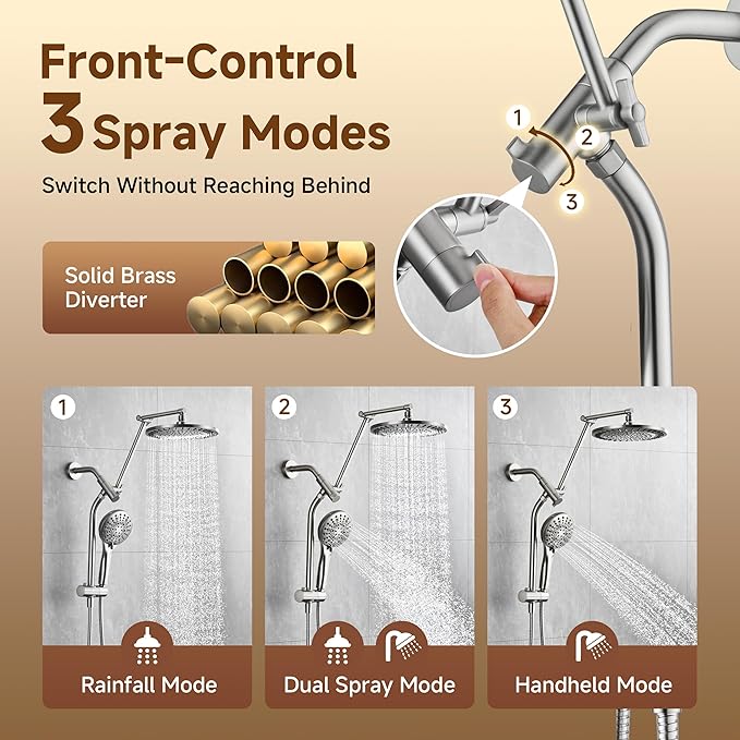 BRIGHT SHOWERS Rain Shower Head with Handheld Spray, High Pressure Dual Shower Head, Adjustable Extension Arm & Slide Bar, 9 Spray Modes Built-in Power Wash, 3-Way Diverter, 69" Hose, Brushed Nickel