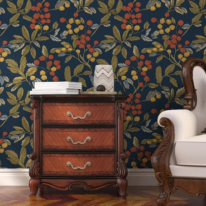 Laatse Vintage Wallpaper Peel and Stick, Navy Blue Floral Contact Paper 17.5" x 393.7", Dark Leaf Botanical Wall Paper Self Adhesive Waterproof Removable for Room Shelves Cabinet Drawer Table Decor