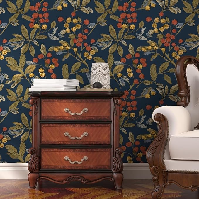 Laatse Navy Blue Floral Wallpaper Peel and Stick, Vintage Contact Paper 17.5" x 118", Dark Leaf Botanical Boho Wall Paper Self Adhesive Waterproof Removable for Room Shelve Cabinet Drawer Table Decor