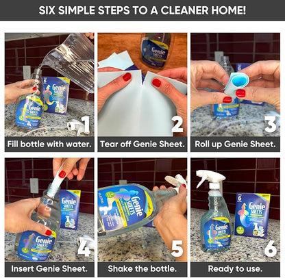 Genie Sheets Glass & Mirror Cleaner | Concentrate Makes 6 24oz Refills | Professional-Strength | Just Add Water | Sustainable Eco-Friendly Plant-Based Solution | 6 Sheets