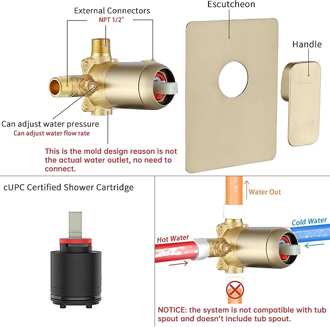 All Metal Shower Faucet Set, Dual Square Shower Head System with Handheld Wand, Diverter, Hose Complete Combo, Pressure Balance Rough-in Valve Included (Brushed Gold)