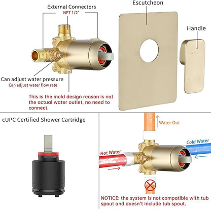 All Metal Shower Faucet Set, Dual Square Shower Head System with Handheld Wand, Diverter, Hose Complete Combo, Pressure Balance Rough-in Valve Included (Brushed Gold)
