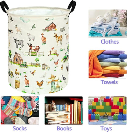 Farm Pattern 19.7 Inch Round Laundry Clothes Hamper Laundry Basket with Handles,Storage Organizer Bins Laundry Gift Basket for Room, Bedroom Decor