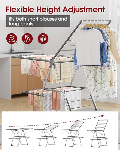 Clothes Drying Rack, Foldable 2-Level Laundry Drying Rack with Height-Adjustable Wings, for Clothing & Bedding, Free-Standing Space-Saving Rack, Indoor & Outdoor, 55.5" L × 22.8" W, Gray