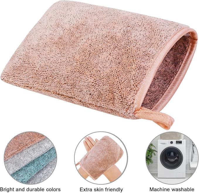 PHOGARY 6 Pack Microfiber Body Wash Mitts, 6×8 Inch Super Absorbent & Soft Face Mitten, Coral Fleece Bath Spa Cloth, Reusable Makeup Remover Mitt Gloves, 3 Colors