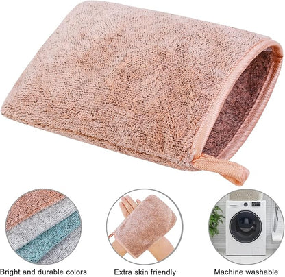 PHOGARY 6 Pack Microfiber Body Wash Mitts, 6×8 Inch Super Absorbent & Soft Face Mitten, Coral Fleece Bath Spa Cloth, Reusable Makeup Remover Mitt Gloves, 3 Colors